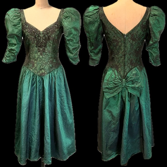Alfred Angelo Dresses & Skirts - VINTAGE 80s holographic prom gown formal dress dark moody emerald forest lace